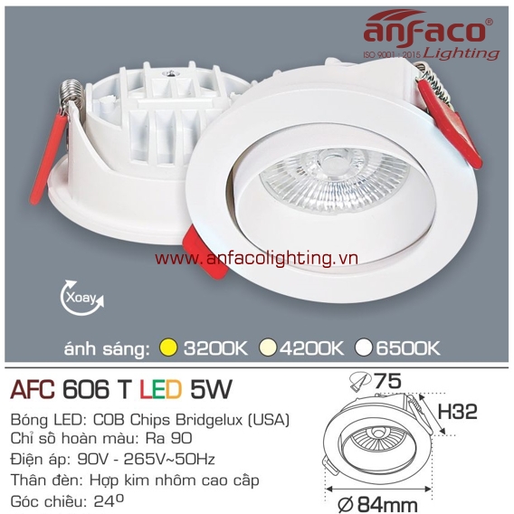 Đèn Anfaco downlight âm trần xoay góc afc-606t-5w viền trắng