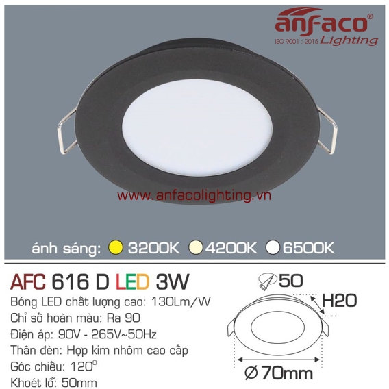 Đèn Anfaco downlight âm trần afc-616d-3w vỏ đen