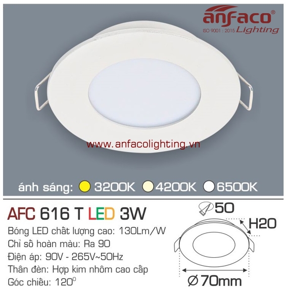 Đèn Anfaco downlight âm trần afc-616t-3w vỏ trắng