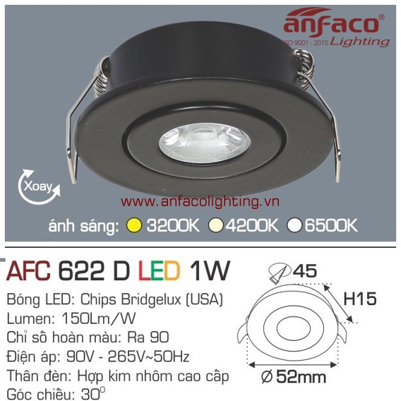 AFC 622D 1W Đèn LED downlight âm trần mini xoay góc vỏ đen Anfaco AFC622D1W