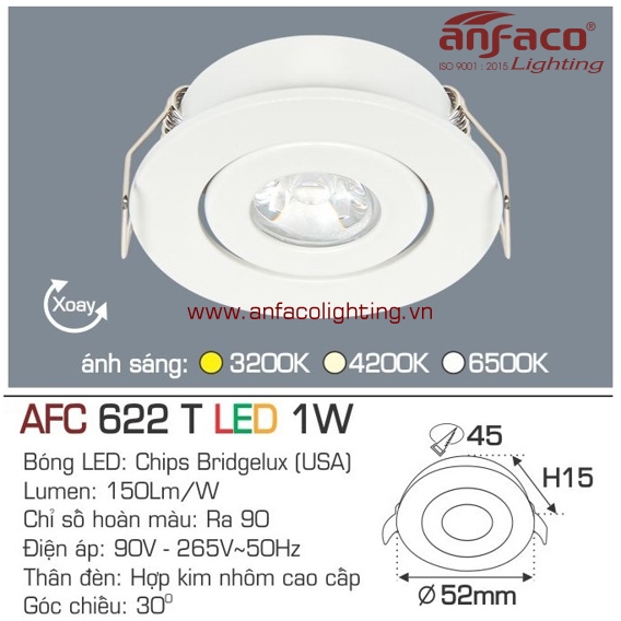 AFC 622T 1W Đèn LED downlight âm trần mini xoay góc Anfaco AFC622T1W