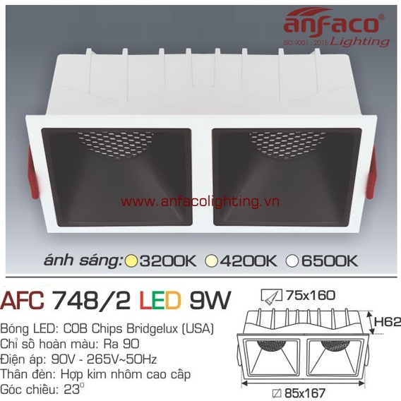 AFC 748/2-9W Đèn LED downlight âm trần vuông Anfaco AFC748/2/9W